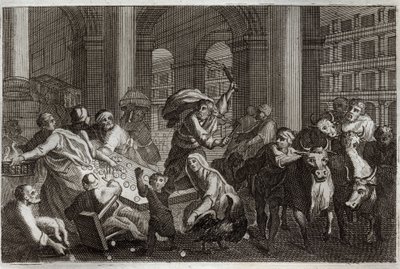 Bíblia de Royaumont, Novo Testamento: Caça aos Vendedores do Templo. Jesus Cristo afasta do Templo aqueles que o profanaram pelo tráfico que lá faziam. Ilustração de 1811. de Unknown artist