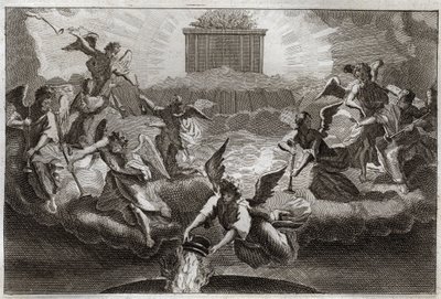 Bíblia de Royaumont, Novo Testamento: Sete Anjos tocando as trombetas do Apocalipse após a abertura do sétimo selo do livro pelo Cordeiro. Outro Anjo pega num incensário, enche-o com o fogo do Altar e lança-o sobre a terra. Ilustração de de Unknown artist
