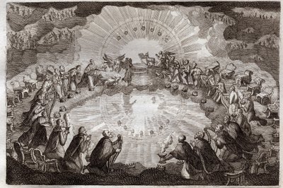 Bíblia de Royaumont, Novo Testamento: Sete selos do livro aberto pelo Cordeiro. Os vinte e quatro anciãos prostram-se diante do trono cercados por um leão, um boi, um homem e uma águia (tetramorfa) e sete lâmpadas. Ilustração de 1811. de Unknown artist
