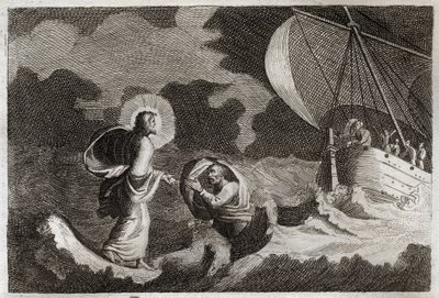 Bíblia de Royaumont, Novo Testamento: São Pedro caminha sobre a água. Jesus Cristo caminha sobre o mar, e faz São Pedro caminhar ali. Ilustração de 1811. de Unknown artist