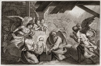 Bíblia de Royaumont, Novo Testamento: A Natividade. Jesus Cristo nasceu da Bem-Aventurada Virgem Maria num estábulo em Belém. Ilustração de 1811. de Unknown artist