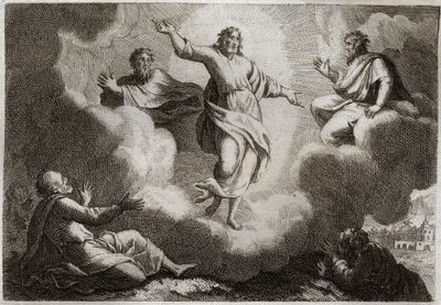 Bíblia de Royaumont, Novo Testamento: A Transfiguração de Jesus Cristo. Cristo rodeia Moisés e Elias com o apóstolo São João, Pedro e Tiago. Ilustração de 1811. de Unknown artist
