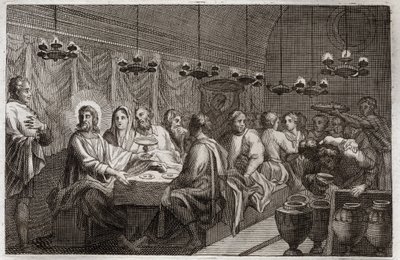 Bíblia de Royaumont, Novo Testamento: O Casamento de Caná. O primeiro milagre de Jesus Cristo que transformou água em vinho. Ilustração de 1811. de Unknown artist