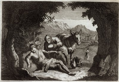 Bíblia de Royaumont, Novo Testamento: A parábola do Bom Samaritano. O samaritano parou no seu caminho para resgatar o homem em perigo. Ilustração de 1811. de Unknown artist
