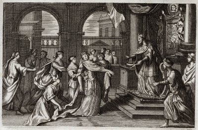 Bíblia de Royaumont, Velho Testamento: Ester irá apresentar-se perante o Rei Xerxes I (Assuero I), com a intenção de salvar o seu povo da morte que o ameaçou. Ilustração de 1811. de Unknown artist