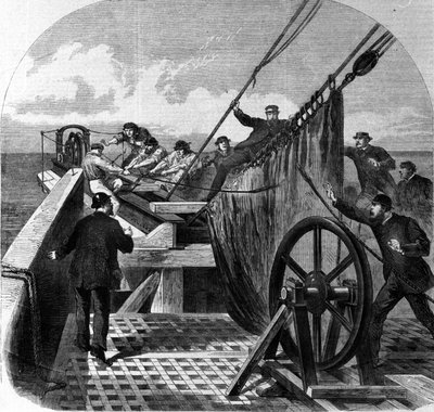 Ruptura do cabo telegráfico transatlântico a bordo do navio O Grande Oriente transformou-se numa camada de cabo telegráfico transatlântico entre a Europa e a América, a ruptura do cabo em 1865 de Unknown artist