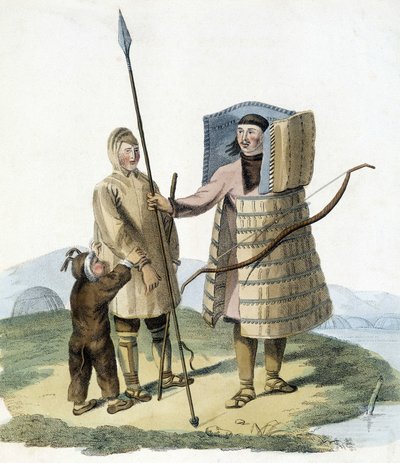 Homem russo de fato de caça com a mulher e o filho. de Unknown artist