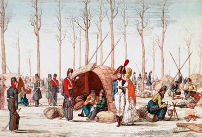 Soldados russos bivouacking nos Champs-Elysees, Paris, França, 31 de Março de 1814 (gravura) de Unknown artist