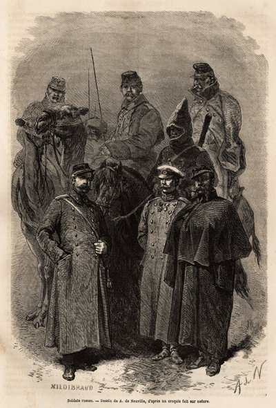 Soldados russos, que mantêm a autoridade do imperador no vasto território da Rússia, o exército russo também permitiu uma ascensão social muito rápida, dando certos privilégios e instrução a cada um dos seus membros. Gravura para ilustrar a libertação russ de Unknown artist