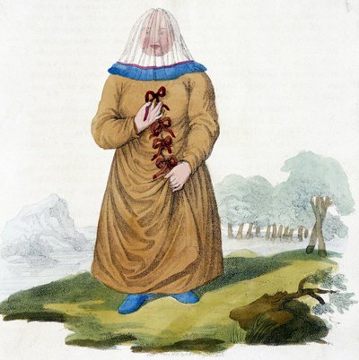 Mulher russa de uma tribo Ostiak em traje tradicional (Khanty ou Khante: caçadores paleosiberianos, estabelecidos na área florestal do vale do Ob médio). de Unknown artist
