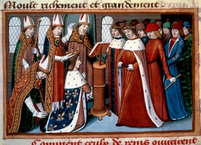 Sagrado Rei Carlos VII (1422-1461) pelo Arquivo de Reims em 17/07/1429 Miniatura tirada das "Vigílias do Rei Carlos VII" por Martial d