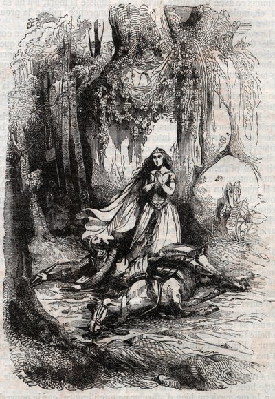Sacripant (Sacripante) desarconne na presença de Angelica (Angelica) - gravura de 1851 de "Roland furieux" (Orlando furioso) (século XVI) de Ludovico Ariosto, conhecido como Ariosta - Edição traduzida do italiano pelo Conde de Tressan e p de Unknown artist
