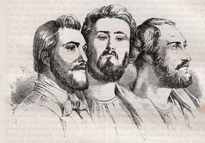 Saint-Simonianism - Saint-Simonianism - Saint Simonians - Charles Duveyrier (1803-1866) - Emile Barrault (1799-1869) - Michel Chevalier (1806-1879 - Gravura de 1882 em "Histoire de dix ans: 1830-1840" Louis-Blanc (1811-1882) de Unknown artist