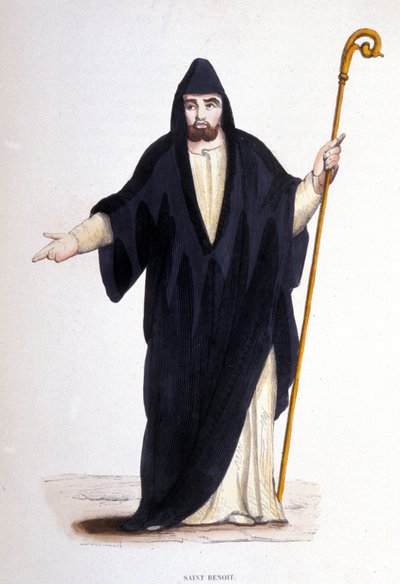 São Bento de Nursie (nascido em Nurcia (Nurcia) na Umbria por volta de 480 - 527). Gravura de um álbum sobre ordens religiosas, Paris de Unknown artist