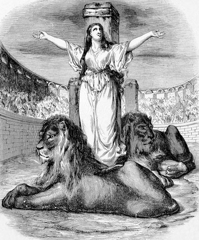 São Blandine, jovem escravo cristão, martirizado em anel de leões em Lyon em 177, gravura de Unknown artist