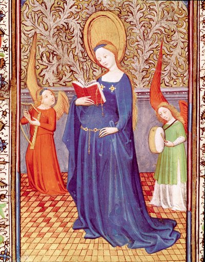 Santa Cécile rodeada por dois anjos músicos Miniatura tirada de "As Horas de Eduardo I (Duarte) de Portugal (1391-1438)" Lisboa do século XV, Torre do Tombo de Unknown artist