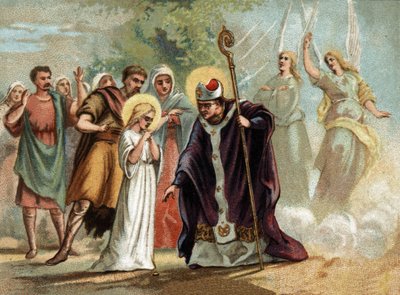 Saint Germain deu uma medalha a Sainte Genevieve (422-502), santa padroeira de Paris. cromolitografia por volta de 1890. de Unknown artist