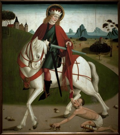 São Martinho e o mendigo. Ele cortou o casaco para o dar a um mendigo. Uma pintura anónima, por volta de 1490. Magyar Nemzeti Galleria, Budapeste, Hungria. de Unknown artist
