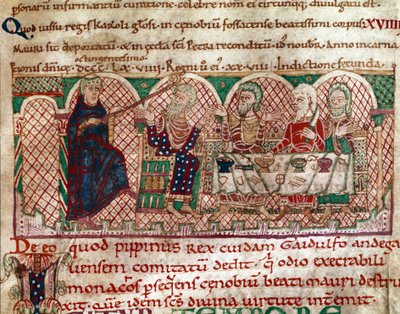 São Maurício (512-584) fundador do mosteiro de Flanfeuil (São Maurício) em Anjou é recebido na mesa do Gaidulfe de Ravenna, perseguidor dos monges e castiga-o Miniatura da Vida e Milagres de São Maurício" (ms 2273) 1100-1140 Biblioteca Municipal de Anjou de Unknown artist