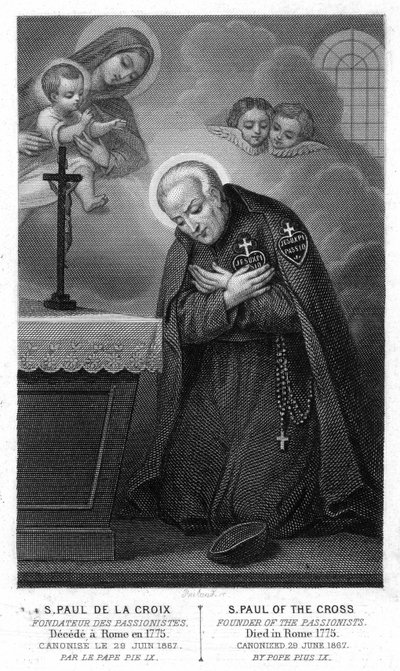 São Paulo da Cruz, fundador dos Passionistas, decepcionado em Roma em 1775, canonizado em 29 de junho de 1867 pelo Papa Pio IX. Gravura do século XIX. de Unknown artist