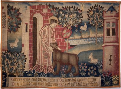 São Vaast e o Urso. São Vaast, São Vedast ou São Gaston (falecido em 540, eveque e padroeiro de Arras e sua diocese) doma o animal nas margens do rio Crinchon. Tapeçaria, segunda metade do século XV. Museu de Belas Artes de Arras de Unknown artist