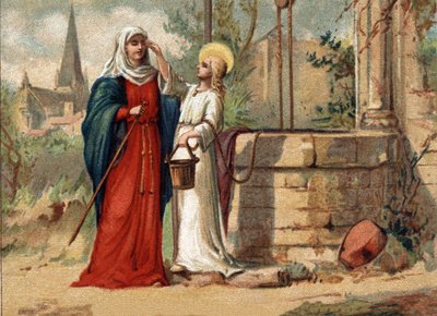 Sainte Genevieve (422-502), padroeira de Paris, dá vista para o seu mar. Cromolitografia por volta de 1890. de Unknown artist