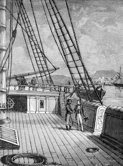 Samuel Morse (1791-1872), inventor do telégrafo eletrônico (1844) e do alfabeto Morse a bordo do transatlântico "Sully" em 1832. Gravura do século XIX de Unknown artist