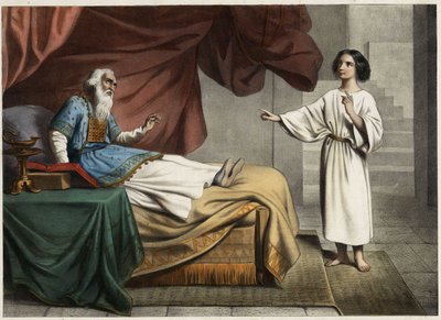 Samuel, que ouve a voz do Senhor chamando-o no meio da noite, pensa que este é seu mentor, o sumo sacerdote Eli (Heli). Gravura anónima de meados do século XIX. de Unknown artist