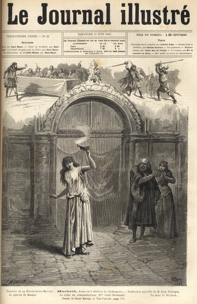 Sarah Bernhardt: Lady Macbeth em "Macbeth", drama de Shakespeare, adaptado por Jean Richepin - Theatre de la porte Saint-Martin - gravura em "Le journal illustrious" de 1884 de Unknown artist