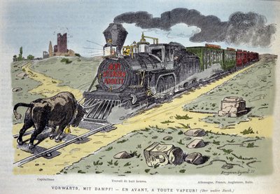 Vinheta alegórica satírica: o touro símbolo do capitalismo tenta deter o comboio da reforma laboral. Cada vagão é projetado para um país: Alemanha, França, Inglaterra, Itália, 1897 de Unknown artist