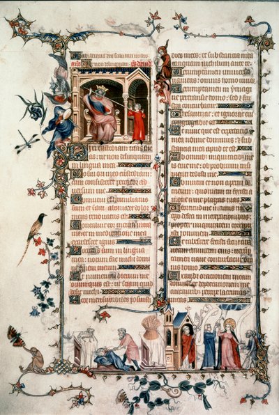 Saul ameaçando David, Caim matando Abel, Alegorias da Eucaristia e Caridade. Breviário de Belleville. 1323-1326. Sra. Lat. 10483 fol.24v. - Jean Maid. Breviário de Belleville. de Unknown artist
