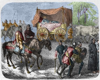 Cena retratando os reis preguiçosos: Rei de França Thierry III (673-691) transporta num tanque com uma cama puxada por bois. de Unknown artist