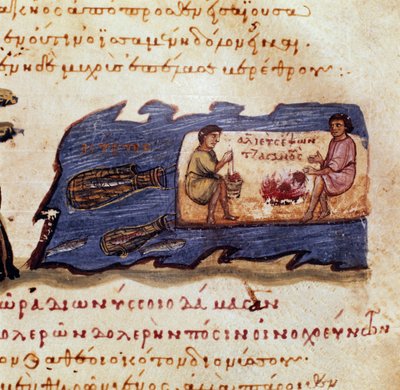 Cena de pesca nocturna Miniatura da caça "The Cynegetics" de Oppian (Oppian ou Oppianus) da Síria (século III depois de JC) dedicada a Caracalla - século XI - Veneza, Biblioteca Marciana de Unknown artist