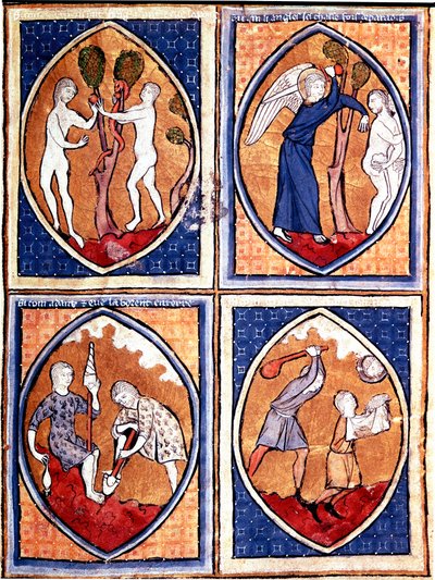 Cenas da Bíblia representadas em mandíbulas. Adão e Eva apanhando o fruto proibido, e depois caçando do céu. Lá em baixo Adão trabalha a terra e Eva dá a lã, Caim e Abel. Miniatura de um manuscrito do século XIII. Porto, Biblioteca Municipal de Unknown artist