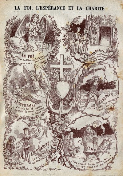 Cenas ilustrando Fé, Esperança, Caridade e seu oposto, Incredulite, Desespero e Egoísmo. Ilustração em "Le Pelerin" de 27 de março de Unknown artist