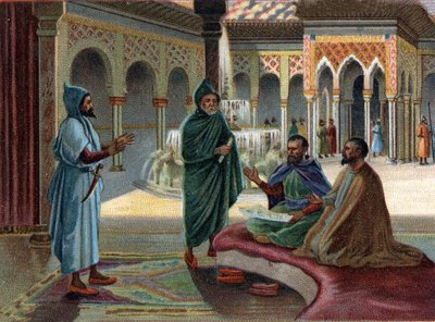 Cenas de Reinos Desaparecidos: Conselho Mouro (Mouro, nome dado aos árabes que ocupavam parte da Espanha) no Palácio Alhambra, em Granada. Granada é o último estado mouro, terminado em 1482. Cromolitografia do século XIX. de Unknown artist