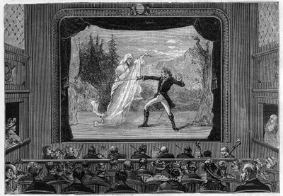 Espectros científicos: espectros vivos. Experimente o espectáculo no palco do teatro. Um comediante luta contra um fantasma. Gravura em "La Nature". de Unknown artist