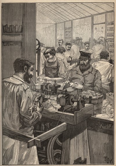 Esquima-marinha: fabrico de tubos de esquima-marinha. Gravura a partir de 1885 em "Les arts et metiers illustres" de Adolphe BITARD. de Unknown artist