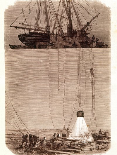 Procura de galeões espanhóis naufragados na Baía de Vigo em 1702. Página retirada de "Emporio Picturesco" 1871 de Unknown artist