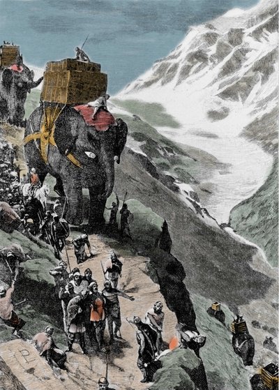 Segunda Guerra Púnica. O exército de Hannibal Barca atravessando os Alpes, 218 AC. Gravura italiana do século XIX. de Unknown artist