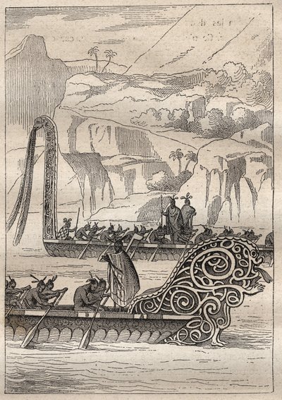 Segunda viagem (1772-1775) pelo Capitão James Cook (1728-1779): Canoas de guerra neozelandesas (Neo Zelandesas) - ilustração tirada de "Os Grandes Marinheiros do Século XVIII". de Unknown artist