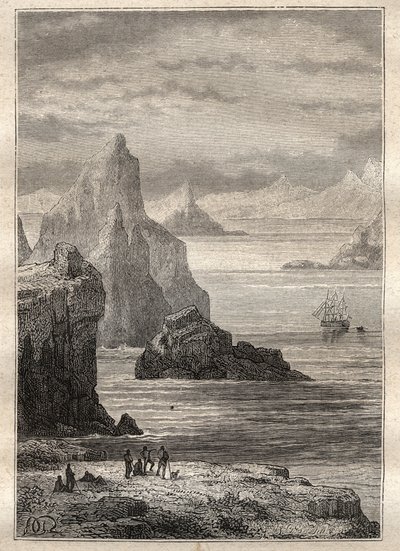 Segunda viagem (1772-1775) do Capitão James Cook (1728-1779): vista do Canal Noel, Terre de Fuego - ilustração tirada de "Os Grandes Marinheiros do século XVIII". de Unknown artist