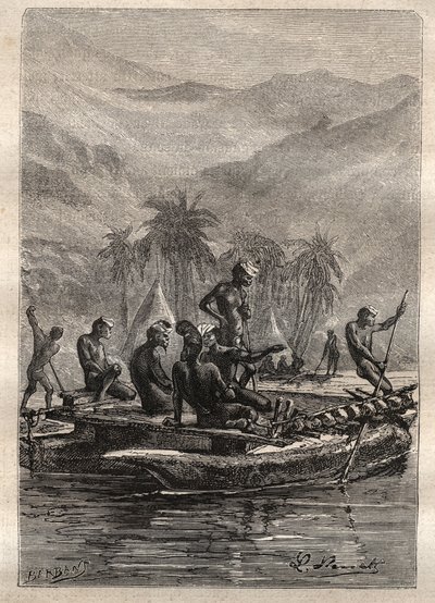 Segunda viagem (1772-1775) do Capitão James Cook (1728-1779): os nativos tiveram confiança suficiente para se aproximar e trocar (Nova Caledônia) - ilustração tirada de "Os Grandes Marinheiros do século XVIII". de Unknown artist