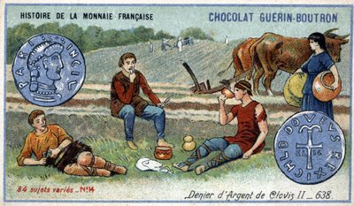 Série Histoire de la Monnaie Française publicada pelo Chocolat Guérin Boutron. Cromolitografia do século XIX. Negador de prata de Clóvis II em 638 de Unknown artist