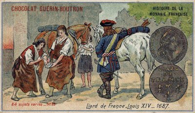 Série Histoire de la Monnaie Française publicada pelo Chocolat Guérin Boutron. Cromolitografia do século XIX. Liard da França. Luís XIV em 1687. de Unknown artist