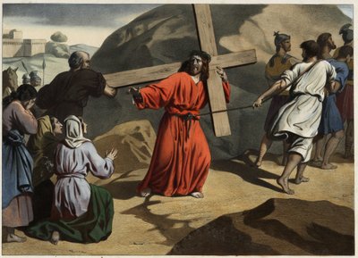 Ela subiu ao Calvário: Jesus carregando a sua cruz consola as filhas de Jerusalém. Gravura anônima de meados do século XIX. de Unknown artist