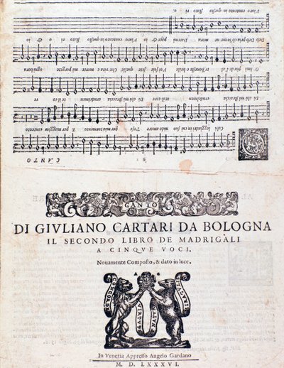 Página de música dos Madrigais (2º livro) de Giuliano Cartari de Bolonha de Unknown artist