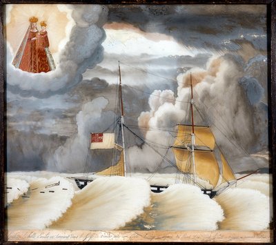 Navio "La belle Emilie" em dificuldade - pintura sobre madeira, ex voto da Notre Dame de Laghet, 44x37 cm de Unknown artist