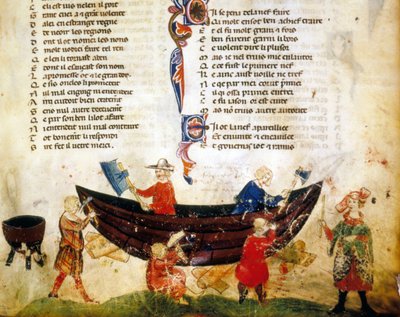 Construção naval e calafetamento no século XIII. Miniatura do "Roman de Troy" de Benoit de Saint Maure. Século XIV Biblioteca Marciana, Veneza de Unknown artist