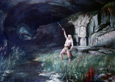 Siegfried, de frente para o dragão Fafner, acenou com a sua espada. Palco da Ópera "Anel dos Nibelungos" de Richard Wagner (1813 - 1883). Pintura. de Unknown artist